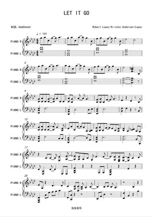 let it go (《冰雪奇缘》主题曲)钢琴谱-c调-虫虫钢琴