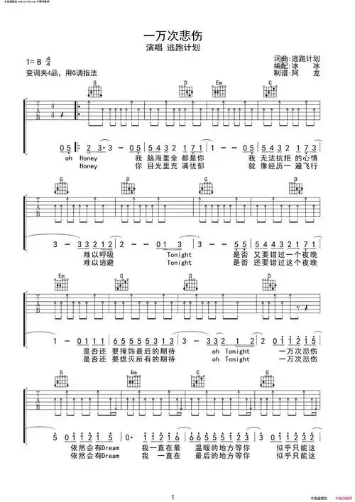 《一万次悲伤》简谱