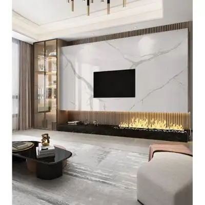 新款岩板电视背景墙瓷砖地台悬空大理石影视墙木格栅装饰