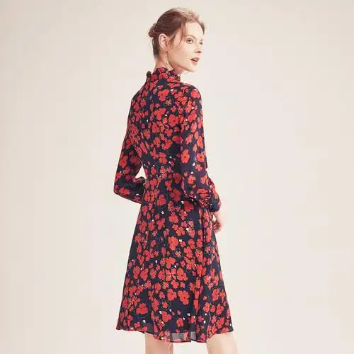 juzui/玖姿奥莱商场同款春季碎花印花立领桑蚕丝真丝领雪纺连衣裙
