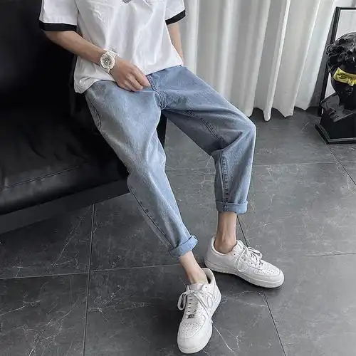 网红水洗牛仔裤男宽松直筒阔脚腿百搭垂坠感韩版港风薄款潮流夏天