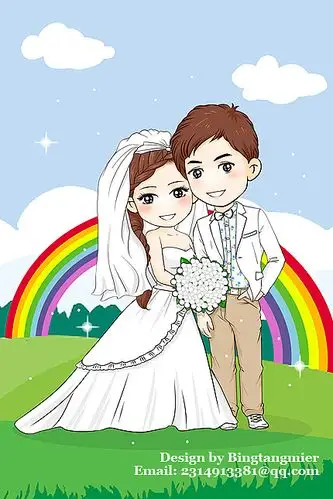 根据婚纱照绘制的q版婚礼卡通海报:)