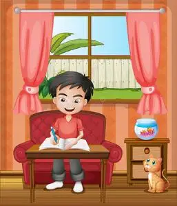 写东西的小男孩卡通哭的小男孩小男孩送女孩礼物和他的兴奋小男孩送