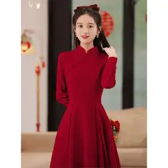 阿猫顿订婚衣服女小个子冬季敬酒服新娘酒红色长袖结婚回门便装礼服裙