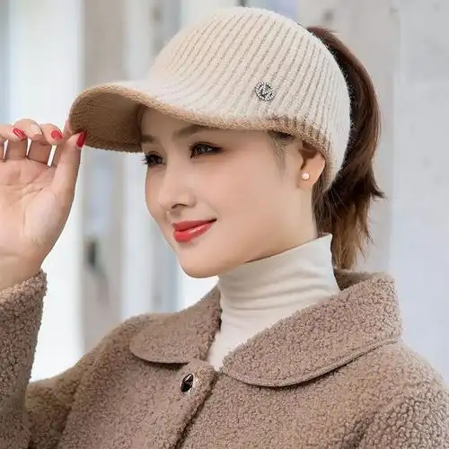 帽子女韩版秋冬时尚百搭女士空顶毛线帽加绒针织保暖冬季鸭舌帽子