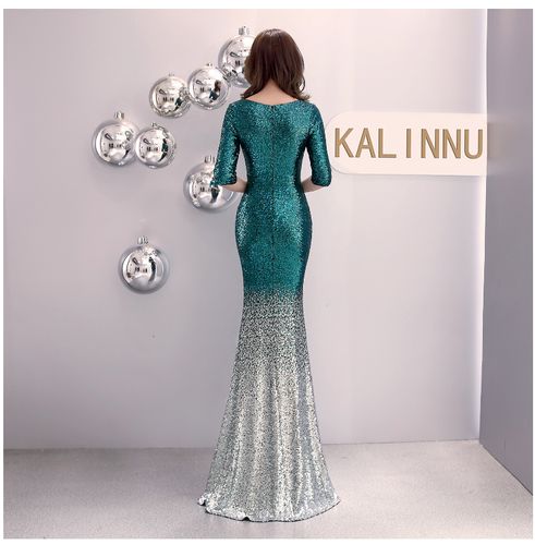 拖地鱼尾宴会晚礼服渐变高贵优雅性感长款高腰年会主持人礼服裙