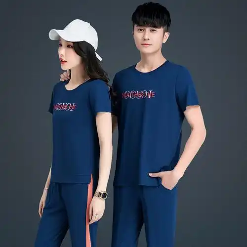 新款短袖情侣装夏季运动风套装男短袖t恤休闲套装晨跑套装男潮流视频