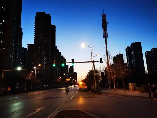 下班路上,刚好看到落日的余晖和渐亮的路灯构筑的这副城市夜景.