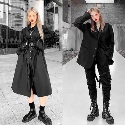 黑色西装 工装裤 高筒靴