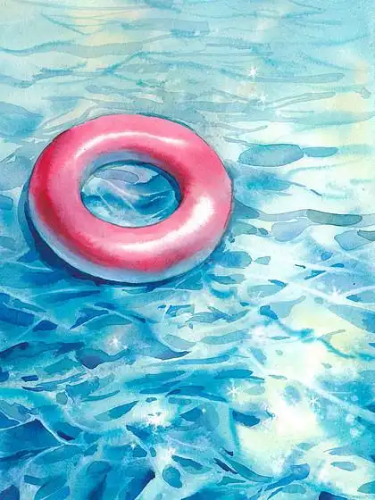 水彩游泳池插图与浮动环和火花水.手绘夏季艺术品.