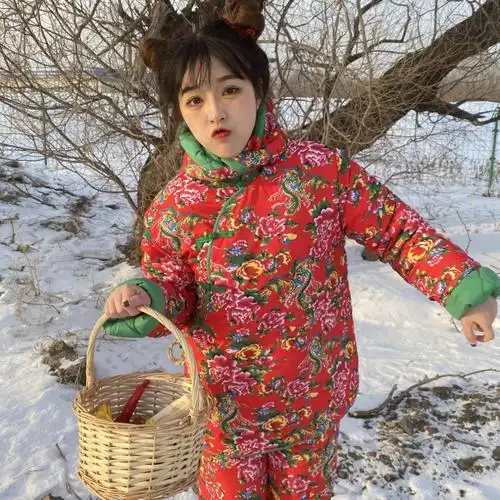 东北花棉袄女大花袄大棉袄女冬加厚民族风碎花棉服时尚棉衣棉裤套装女