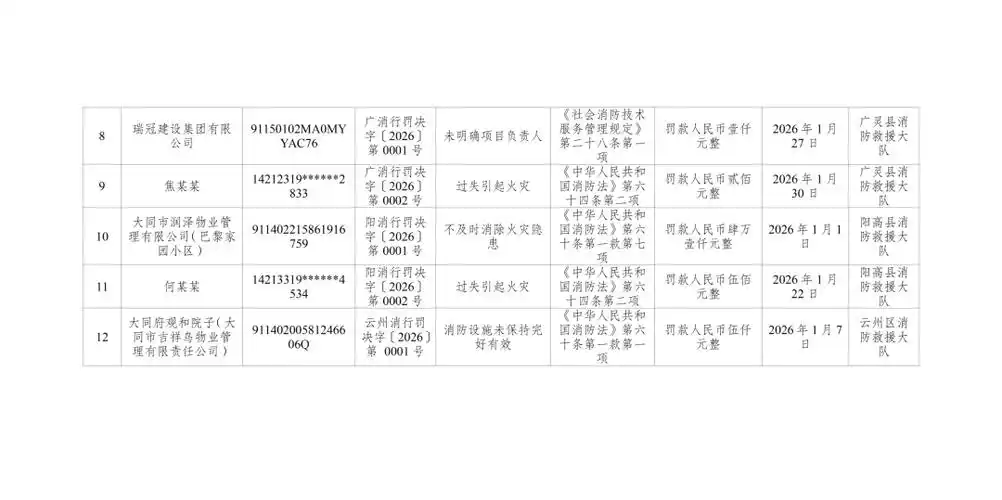 大同市消防救援支队2026年1月行政处罚,行政许可公示