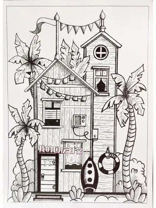 临摹黑白风景线描画