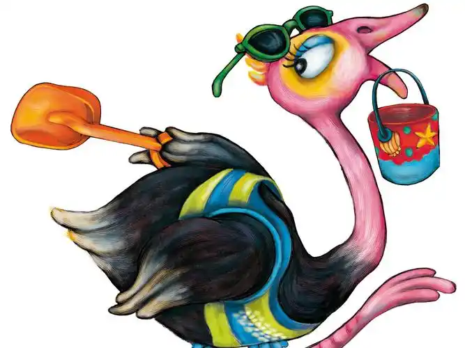 鸵鸟拿着铲子和桶子