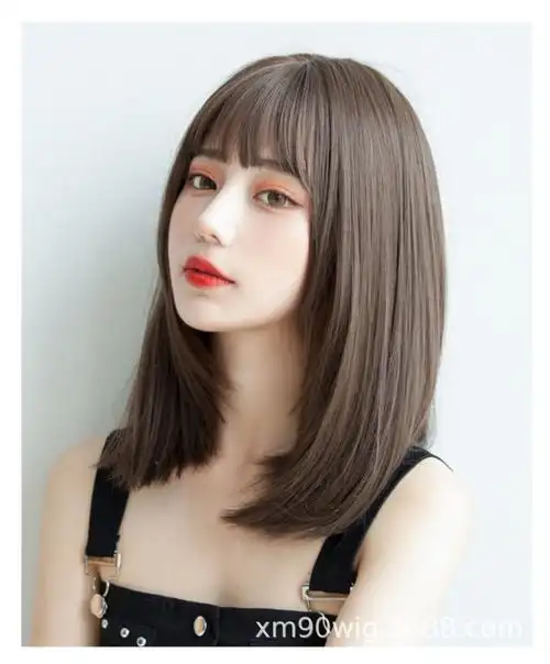 可爱齐肩中长直发空气齐刘海女 冷棕瑞丽时尚内扣锁骨短发全头套