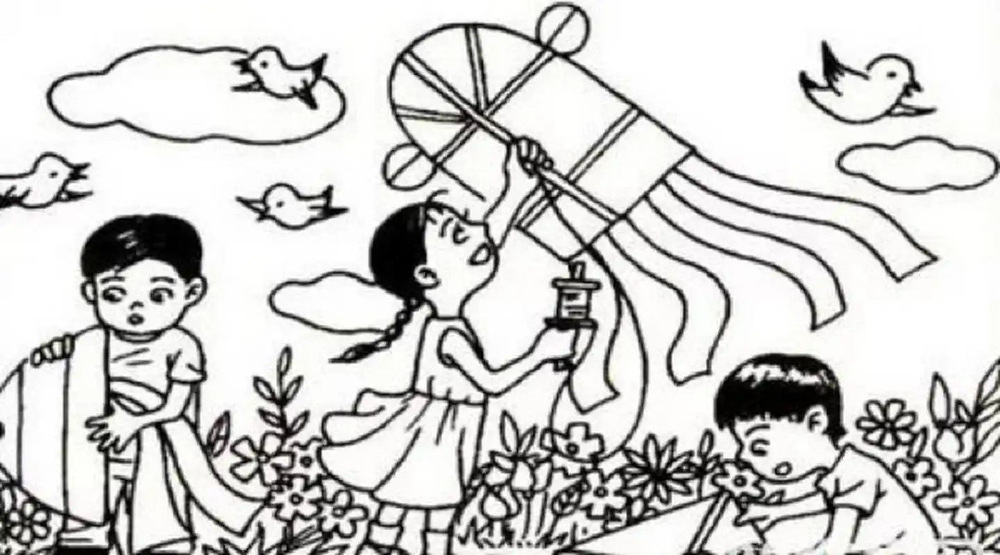 一二年级看图写话:放风筝 一个星期天,小王,小明,小红,小兰,小绿一起