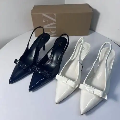 zar 2024年春季新款女鞋漆皮蝴蝶结饰尖头露跟细跟包头穆勒高跟鞋