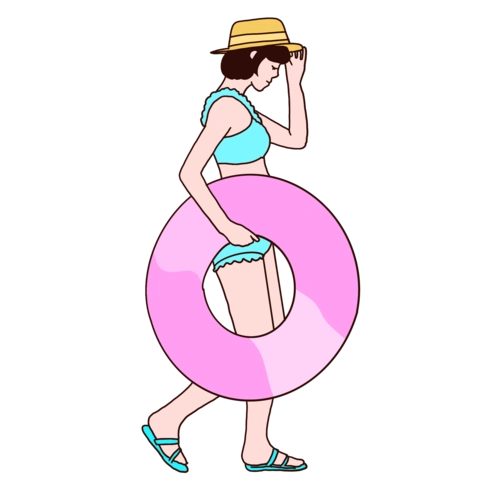 手绘线描风夏天海边游泳的女孩