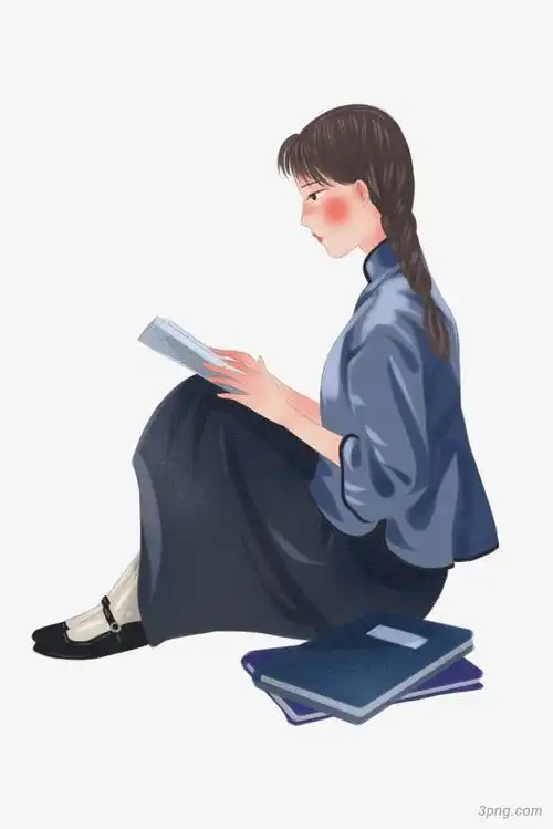 看书的民国女学生png素材透明免抠图片卡通手绘