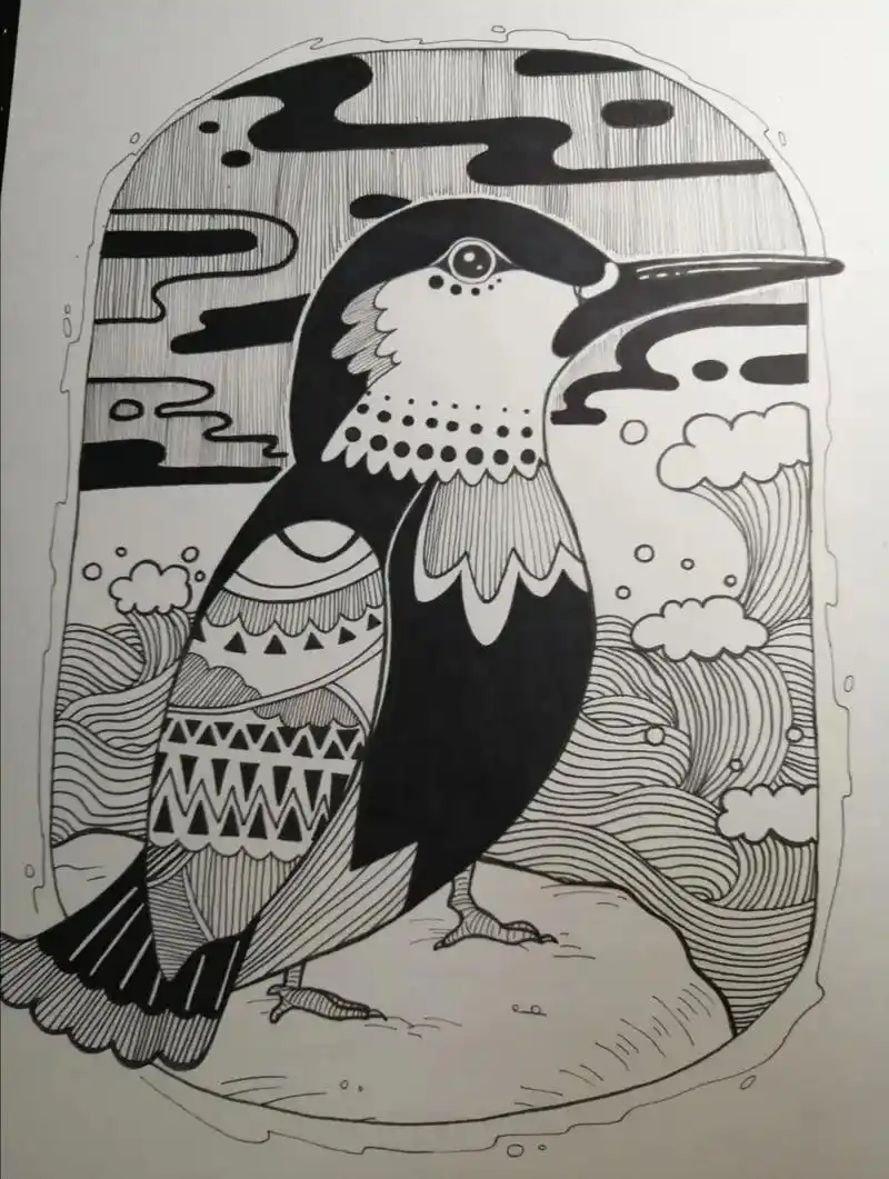 啄木鸟线描画 小鸟儿童画 小鸟步骤图.#黑白线描画 #画画  - 抖音