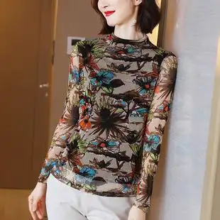网纱网眼宽松大码长袖上衣印花打底衫高端真丝桑蚕丝t恤女夏新款