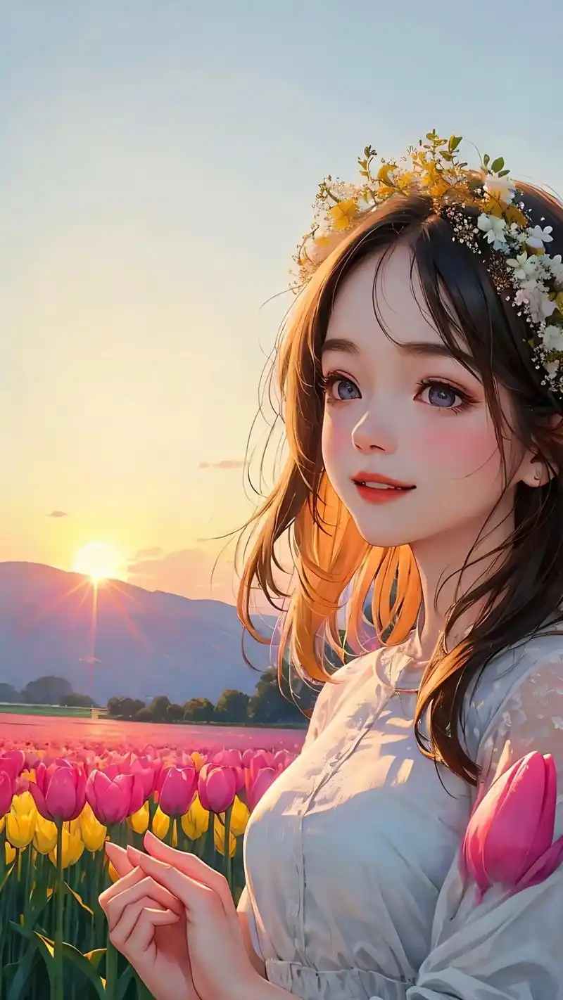 郁金香花海女孩#ai绘画 #漫画女孩 #优质头像 #治愈系头 - 抖音