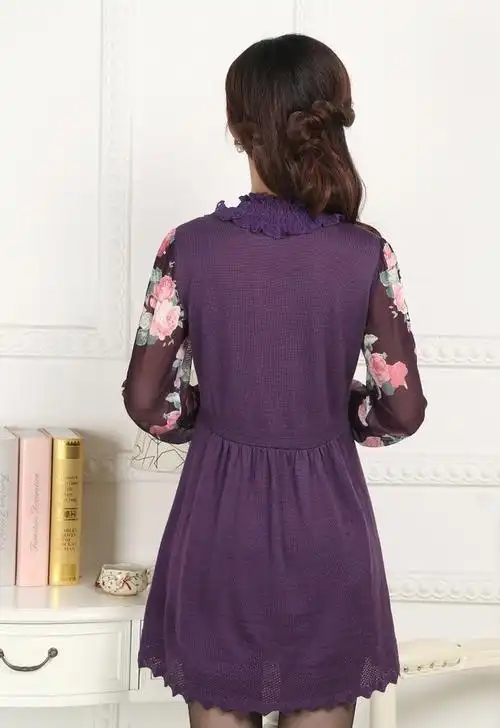 粉红玛丽连衣裙2018秋冬装打底蕾丝拼接百搭修身显瘦针织羊毛长裙