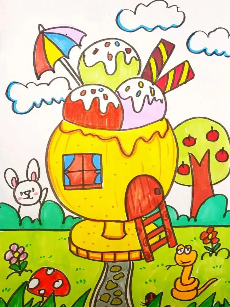 冰淇淋房子儿童画 #马克笔# #卡通画# #儿童画# #冰淇淋房子儿童画