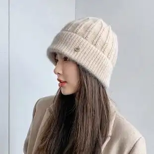 时尚水桶帽显脸小毛线帽子女冬潮牌日系百搭兔毛保暖针织帽秋冬季