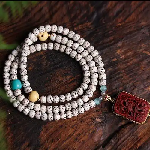 星月菩提7mm108颗配金膏玉创意文玩佛珠手串小众木质珠串