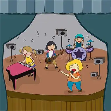 i>卡 /i> i>通 /i> i>儿 /i>童乐队正在学校博会舞台上演奏音乐会