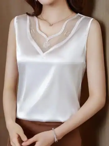 融斤蕾丝吊带背心女外穿夏季女装真丝缎面宽松内搭打底无袖上衣女醋酸