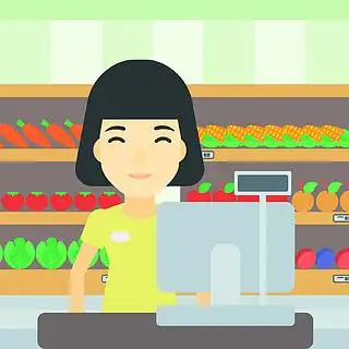 台工作在超市的女出纳矢量平面设计插画方形的布局收银员站在超市结帐