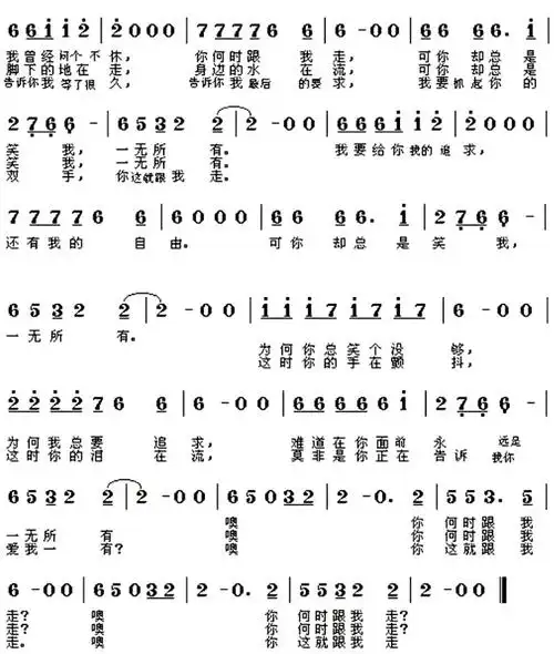 《一无所有》_歌谱简谱_歌词简介_曲谱资料