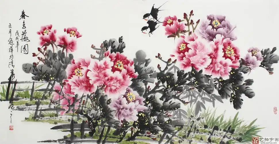 河南美协名家寇萍四尺横幅牡丹春色满园