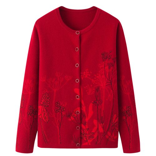 阿绒源纯羊绒红色女开衫2022新品双提加厚配色中老年宽松外穿毛衣