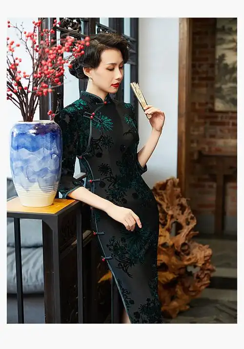 寇恙kouyang秋冬新款植绒旗袍连衣裙七分袖长款改良侧八扣双层气质