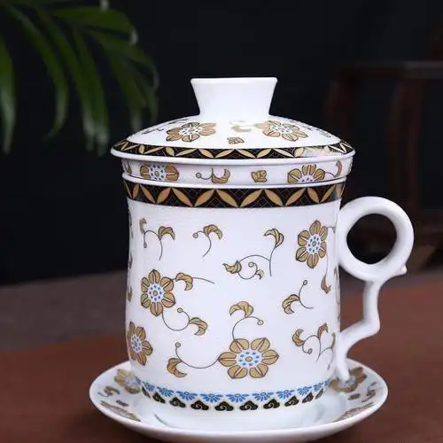 亿杰 青花瓷杯子带盖过滤 水杯茶杯 陶瓷办公个人杯四件套茶具图片