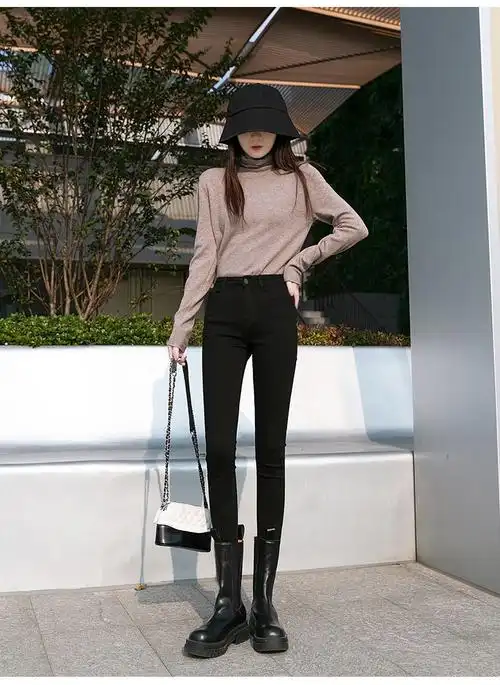 女王轻奢好搭配的黑色加绒牛仔裤女2020冬季薄绒高腰韩版百搭修身显瘦