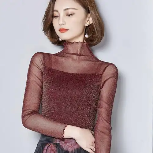 蕾丝网纱打底衫女长袖秋冬百搭高领2018春装新款透视内搭亮丝上衣