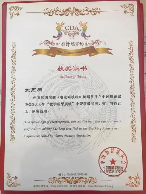 6月16号中国舞蹈家协会优秀舞蹈成果展演证书