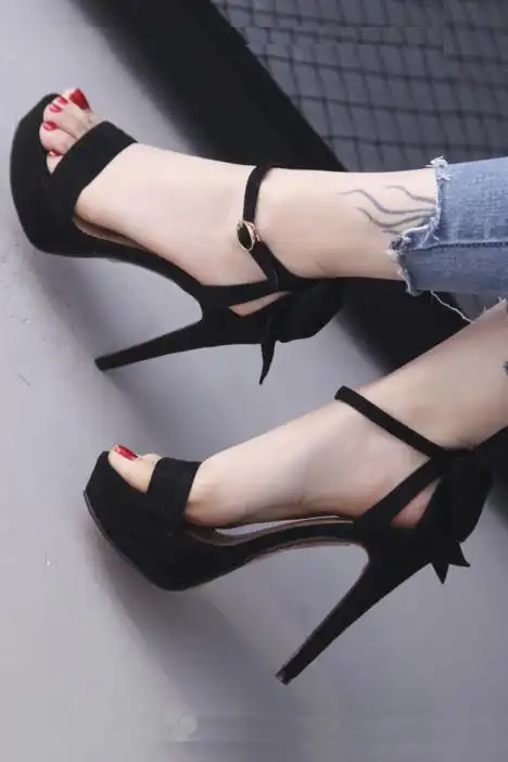 韩版甜美蝴蝶结防水台高跟凉鞋