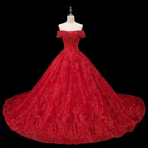 欧美婚纱礼服2020新款新娘结婚红色重工森系大拖尾女外贸大码