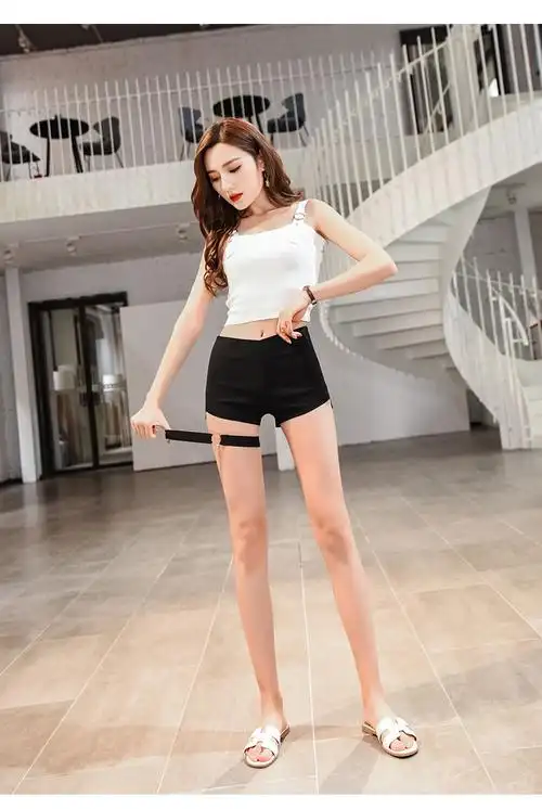 新款紧身短裤女高腰热裤黑色弹力超短裤嘻哈裤女绑带打底裤街舞ds