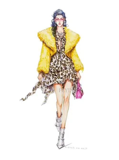 马克笔服装手绘效果图豹纹皮草