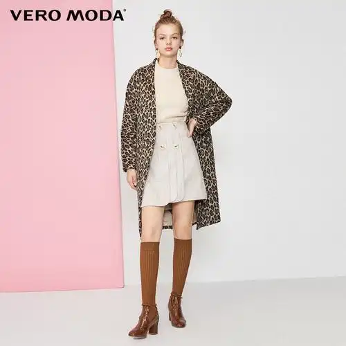 veromoda秋冬新款性感豹纹系带收腰中长大衣风衣