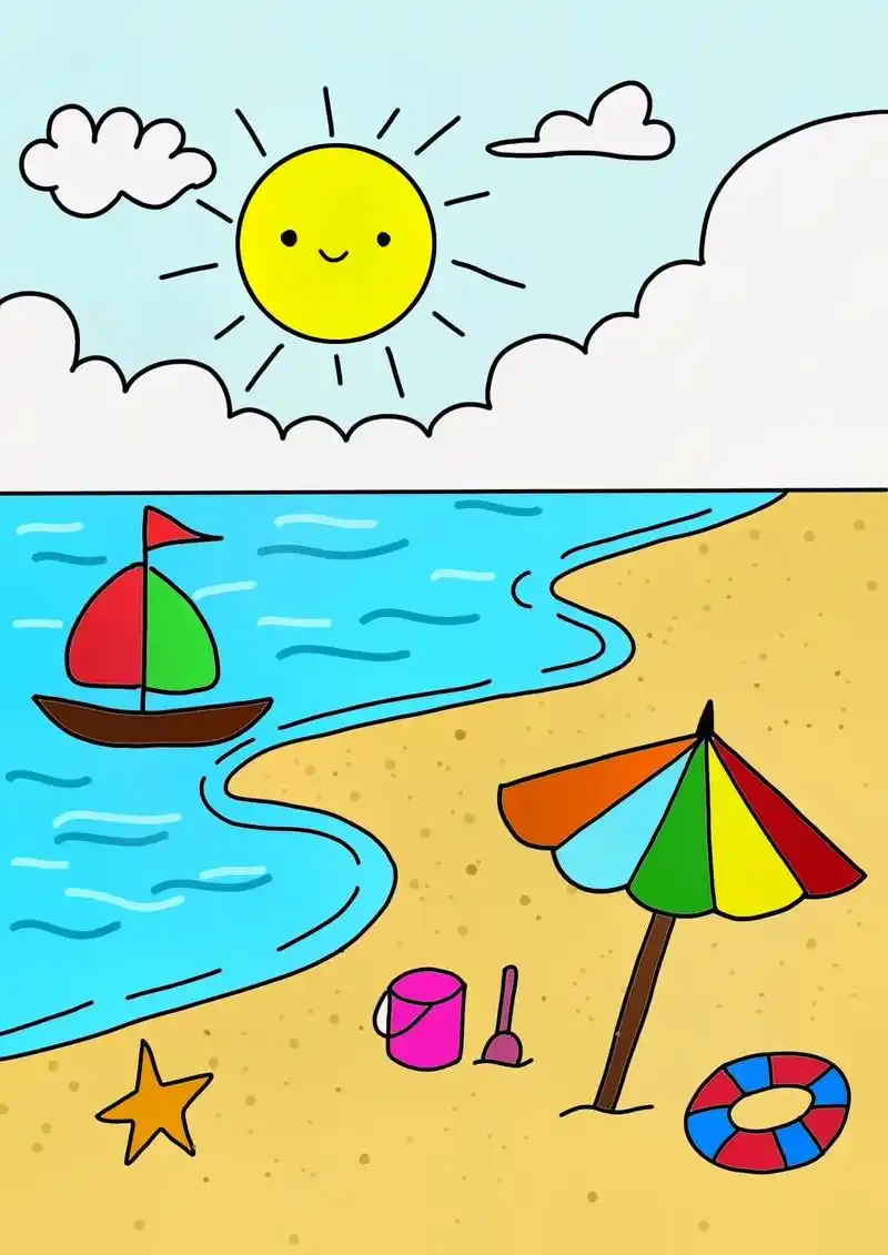 夏日主题儿童画,夏日海滩风景画.#夏日主题画 #沙滩儿童画  - 抖音