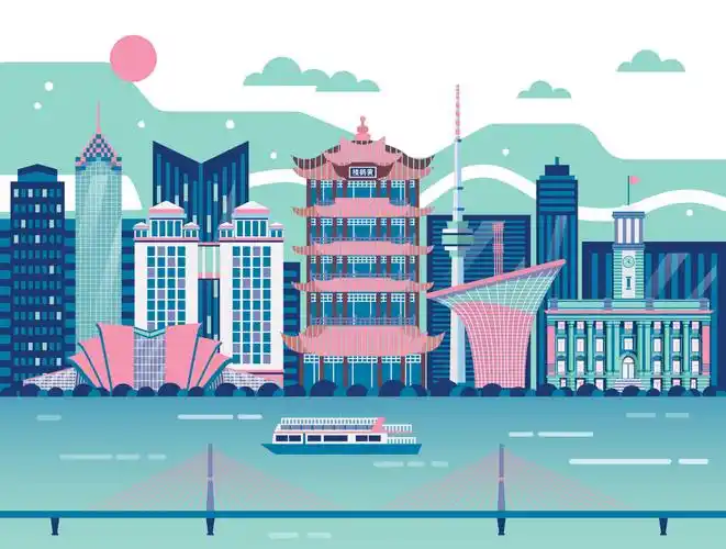 武汉标志性建筑 手绘矢量插画