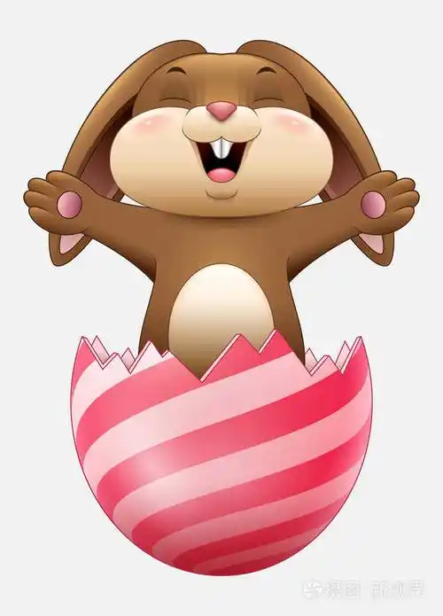 可爱的棕色复活节兔子在鸡蛋条纹分离白色背景