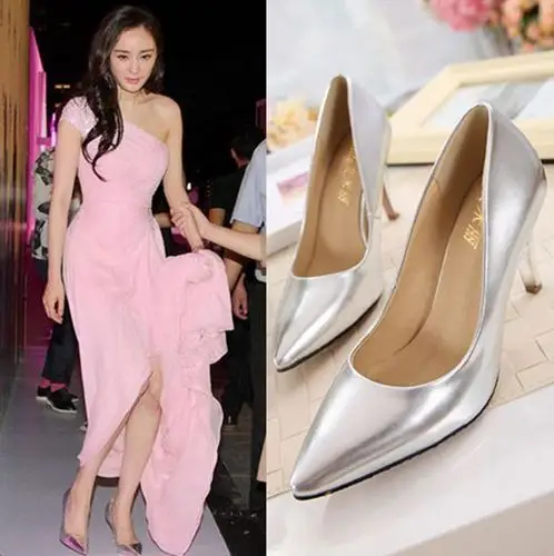 杨幂明星同款鞋银色真皮尖头高跟鞋夏细跟小码女鞋33码 大码单鞋